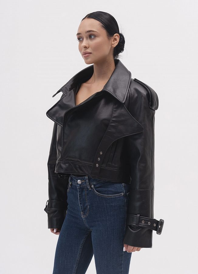 Тренч вкорочений з екошкіри чорний KTRP/02 № 4