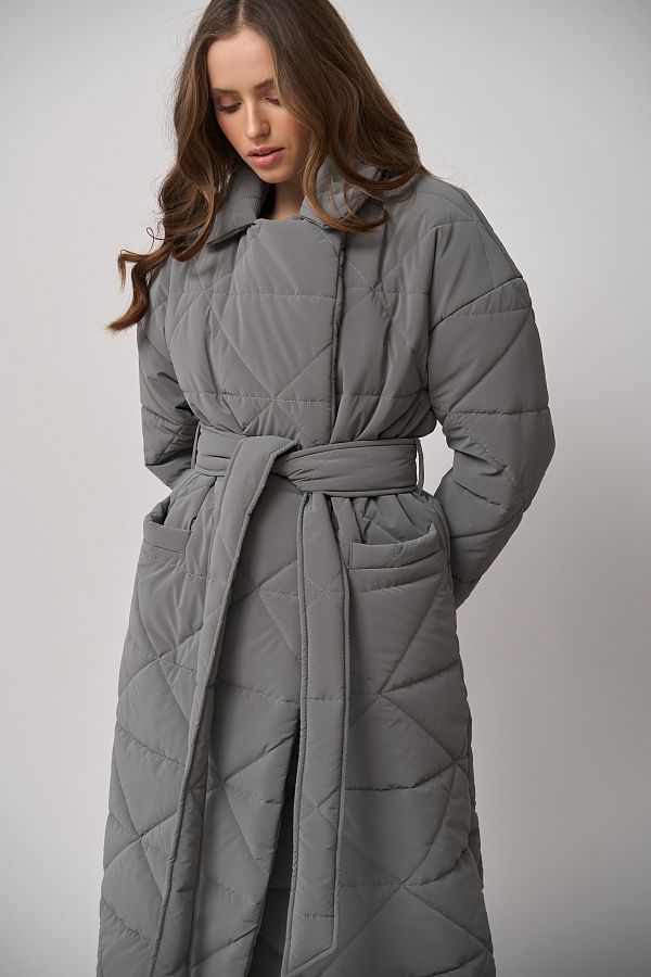 Куртка стьобана довга з поясом візерунок трикутник сіра МБПЩ001/16 #RU# Куртка стеганная длинная с поясом узор треугольник серый МБПЩ001/16 № 2