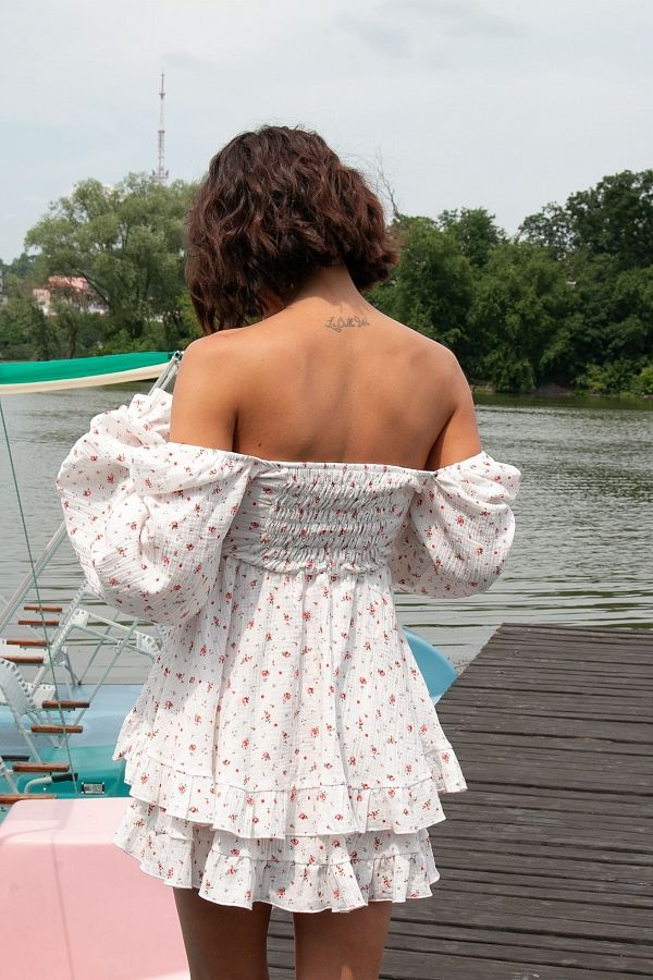 Сукня міні муслінова з рюшами білий в червоні квіти  № 4