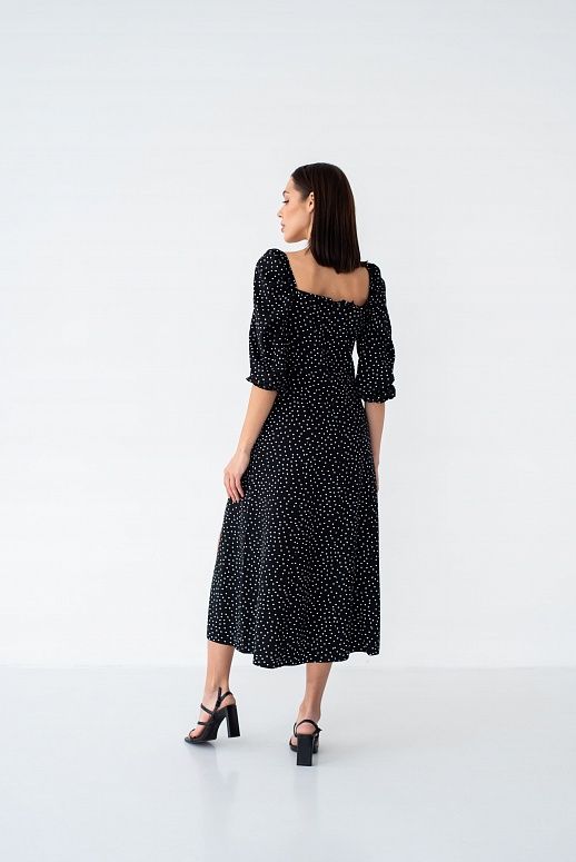Сукня міді з роспіркою довгий рукав чорна в середній горох - №2