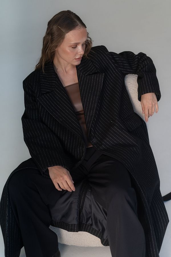 Пальто в смужку чорне C2304/3 #RU# Пальто в черную полоску C2304/3 № 5