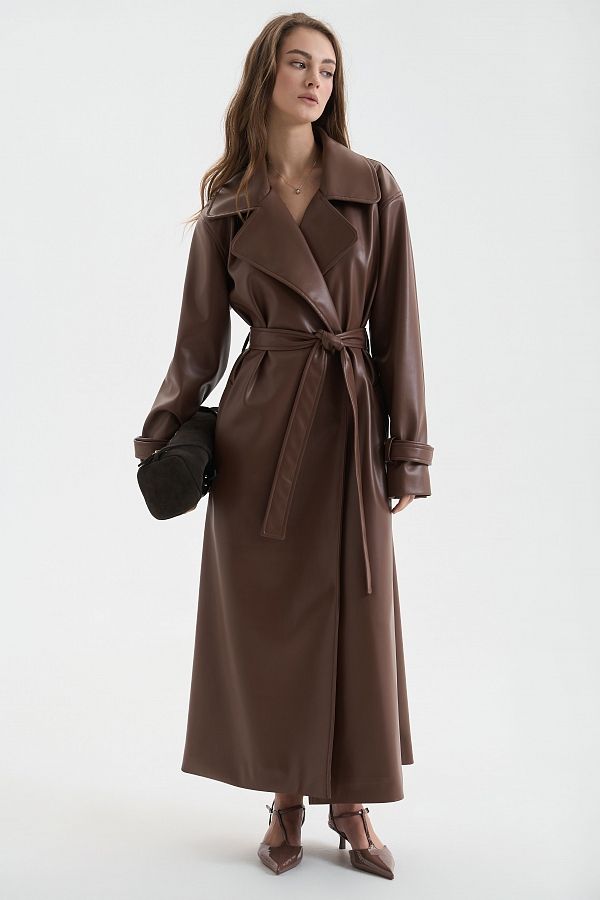 Тренч максі з екошкіри коричневий S1558/1 #RU# Тренч макси из экокожи коричневый S1558/1 № 4