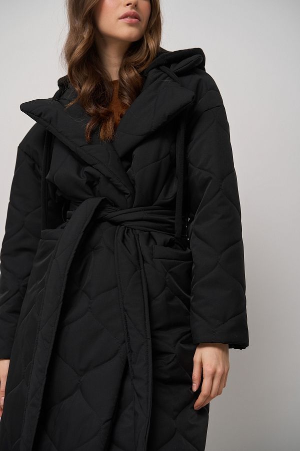 Куртка довга з поясом та знімним капюшоном чорна K0722/23 #RU# Куртка длинная с поясом и съемным капюшоном черная K0722/23 № 4