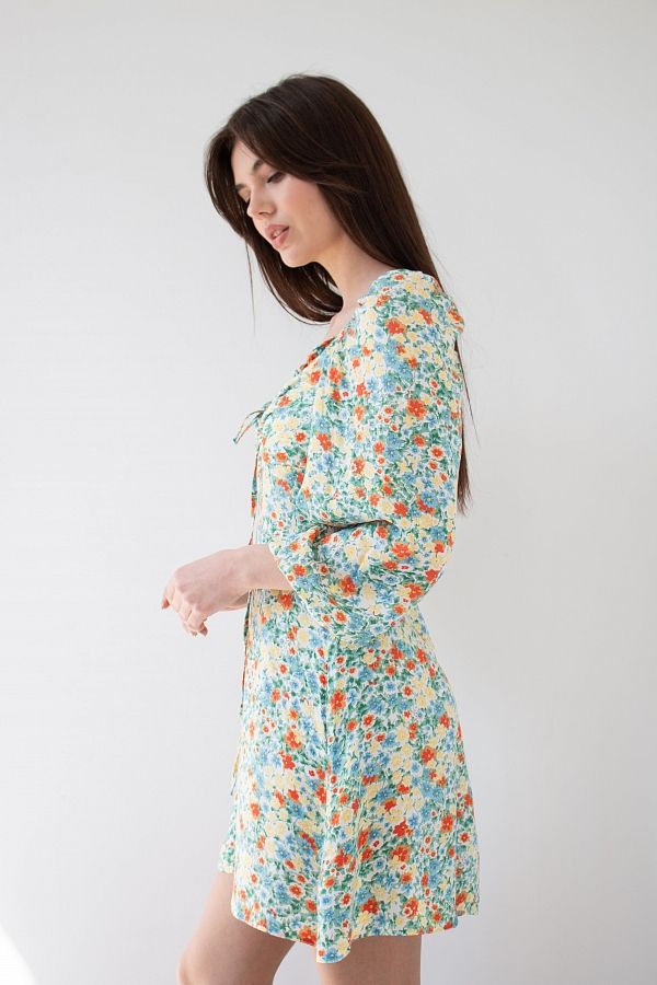 Сукня міні з роспіркою блакитна в жовті квіти D0321/10 № 2