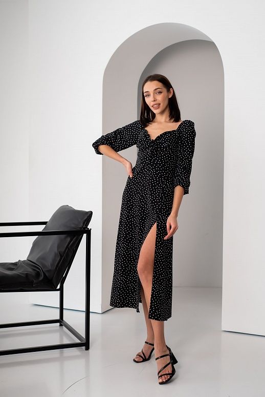 Сукня міді з роспіркою довгий рукав чорна в середній горох