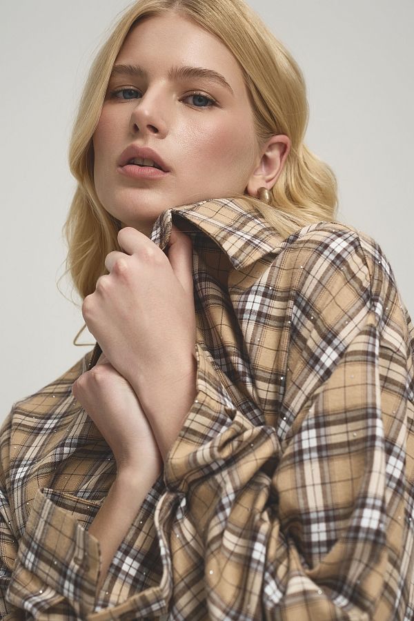 Сорочка в клітинку з камінням бежева SR-KAM/01 #RU# Рубашка в клетку с камнями бежевая SR-KAM/01 № 1