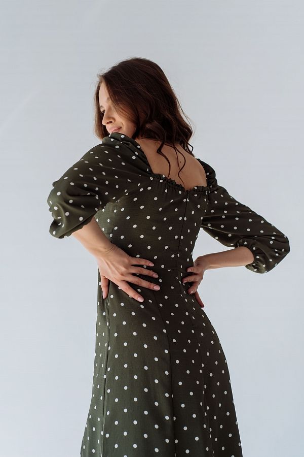 Сукня міді з роспіркою довгий рукав хакі в горох D0521ДР/12 № 3