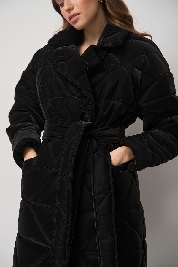 Куртка стьобана довга з поясом візерунок трикутник чорна МБПЩ001/5 #RU# Куртка стеганная длинная с поясом узор треугольник черный МБПЩ001/5 № 2