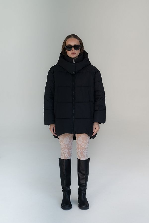 Пуховик подовжений на замку з капюшоном чорний PDK/3 #RU# Пуховик удлиненный на замке с капюшоном черный PDK/3 № 1