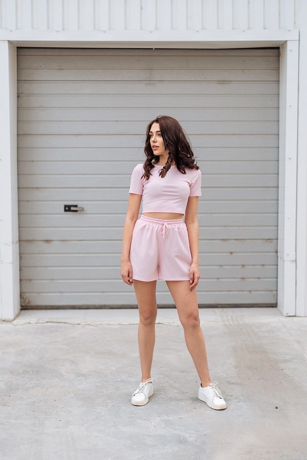 Костюм рубчик футболка з шортами рожевий Н1021/11 #RU# Костюм рубчик футболка с шортам розовый Н1021/11 № 2