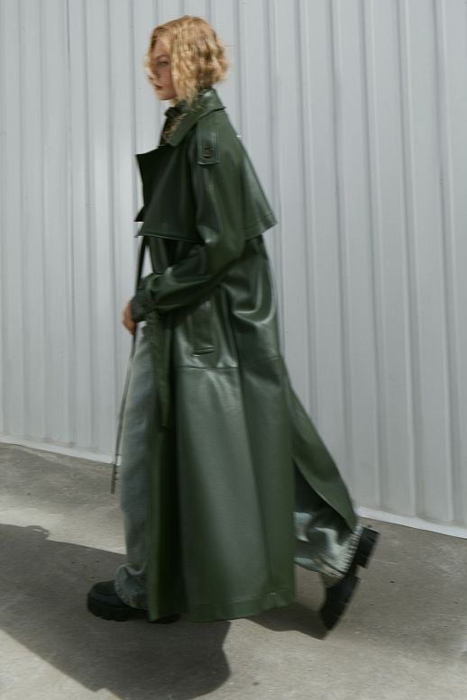 Тренч з екошкіри на замші темно-зелений - №2