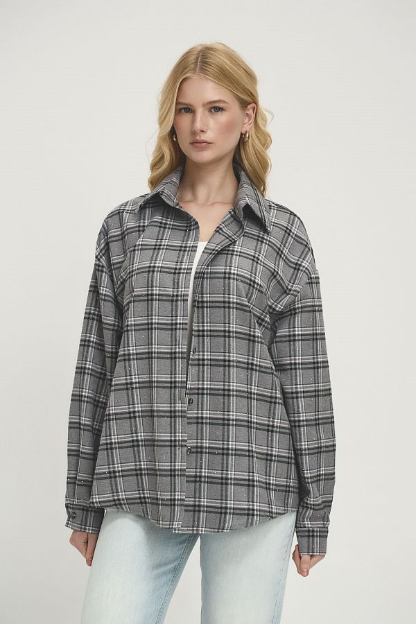 Сорочка в клітинку з камінням сіра SR-KAM/02 #RU# Рубашка в клетку с камнями серая SR-KAM/02 № 2