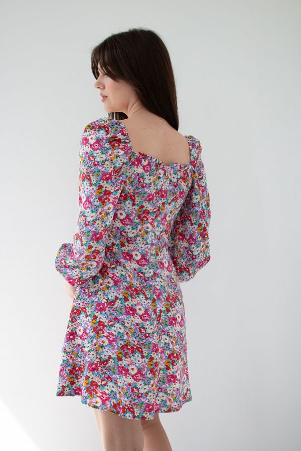 Сукня міні з роспіркою блакитна в різнокольорові квіти D0321/23 № 4