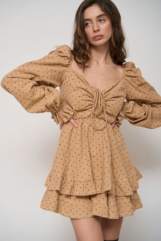 Сукня з подвійною спідницею темно-бежева в чорний горох