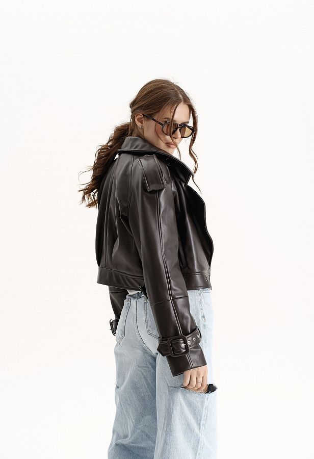 Тренч вкорочений з екошкіри шоколадний KTRP/01 № 3