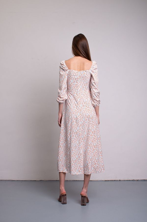 Сукня міді з роспіркою довгий рукав молочна в оранжеву квітку D0521ДР/6 № 2