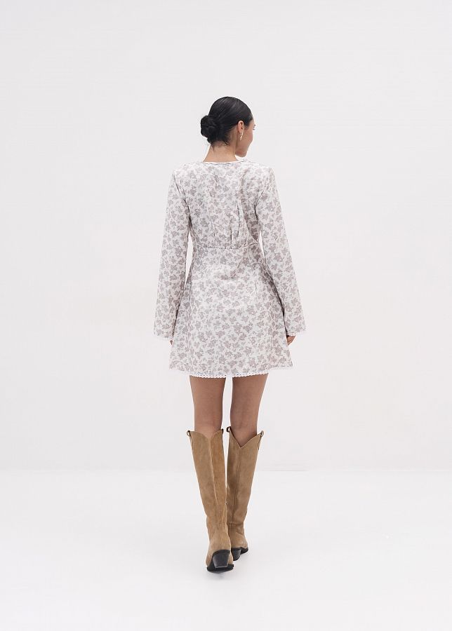 Сукня міні гудзики/мереживо довгий рукав молочна в рожеві троядни DRDOV/10 № 3