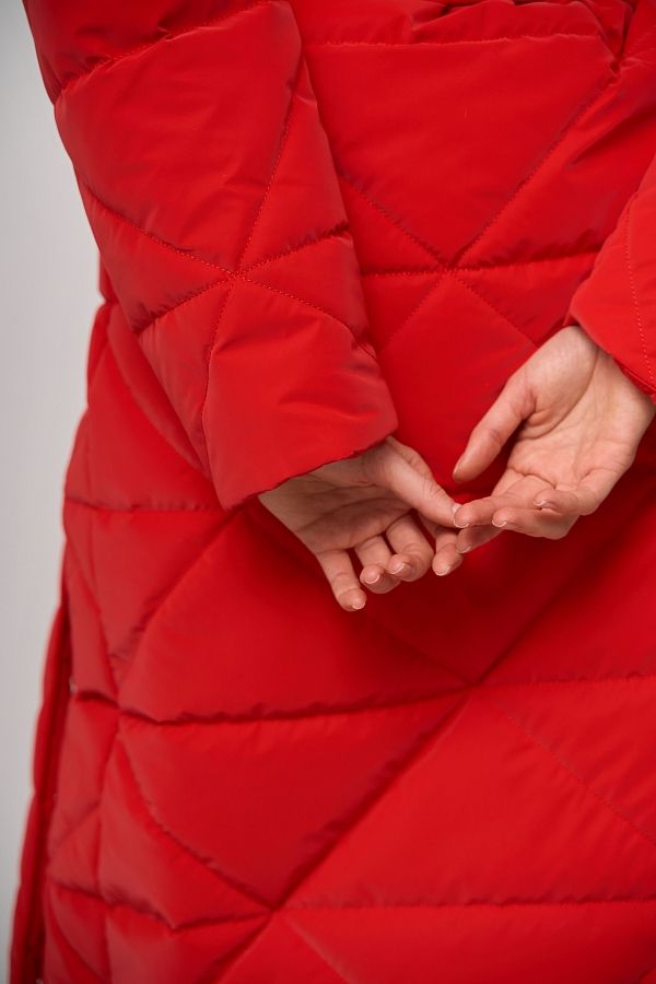 Куртка стьобана довга з поясом візерунок трикутник червона МБПЩ001/15 #RU# Куртка стеганная длинная с поясом узор треугольник красный МБПЩ001/15 № 4