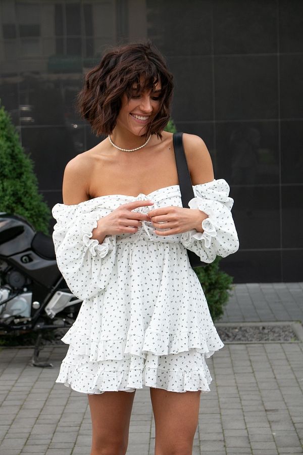 Сукня міні муслінова з рюшами молочний в блакитну квітку D00923/5 № 3