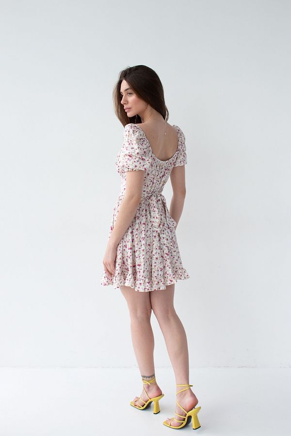 Сукня міні з поясом та рюшами молочне в рожеві квіти D0723/4 № 5