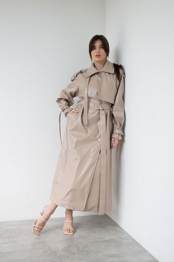 Тренч з екошкіри на тканинній основі з патами кавовий С0121/1 #RU# Тренч из экокожи на тканевой основе с патами кофейный С0121/1 № 1