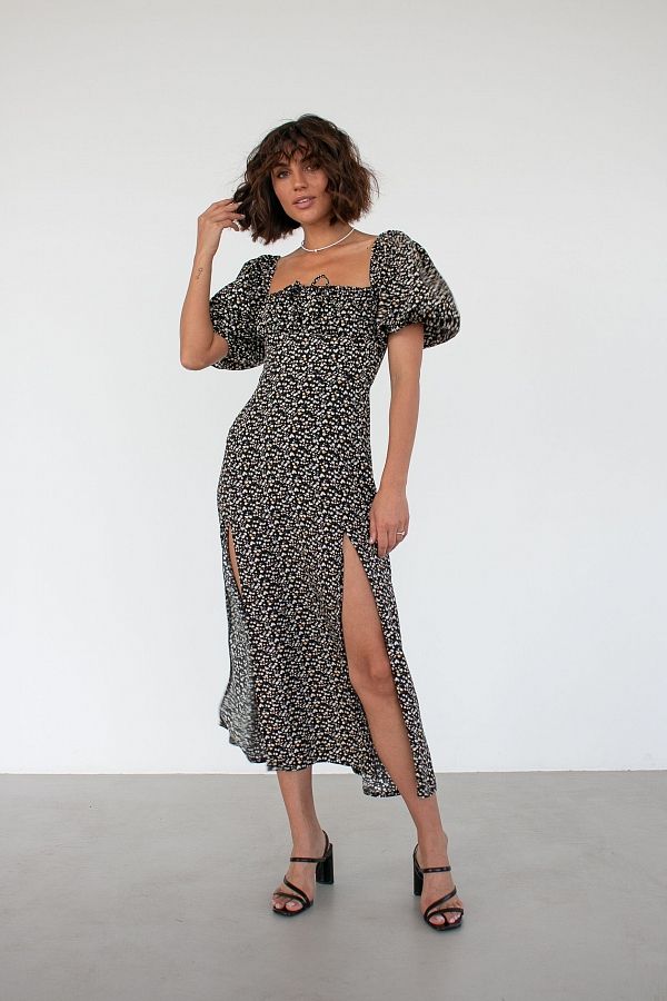 Сукня міді з двома роспірками чорний в біло-жовті квіти ПЛ0031/4 № 1