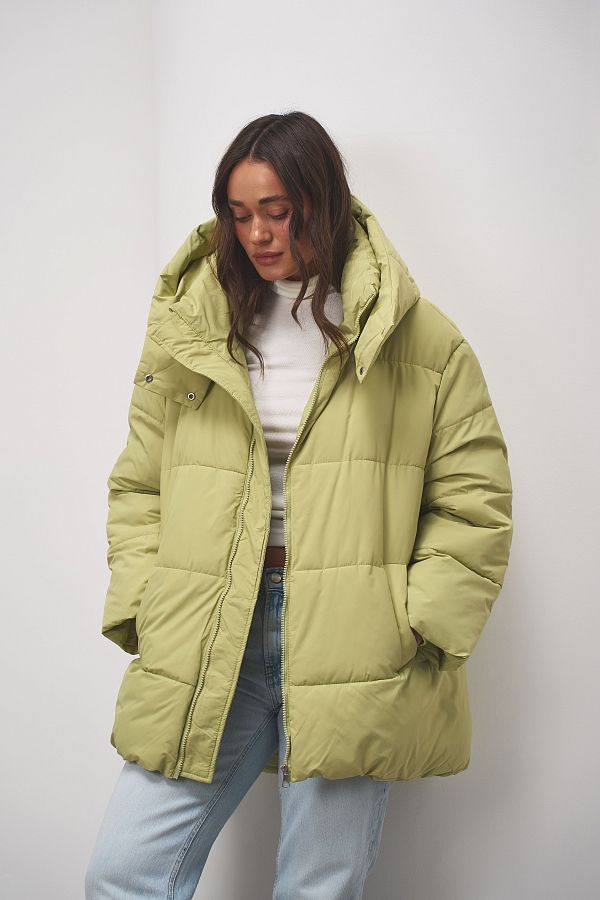 Пуховик подовжений на замку з капюшоном салатовий PDK/2 #RU# Пуховик удлиненный на замке с капюшоном салатовый PDK/2 № 2