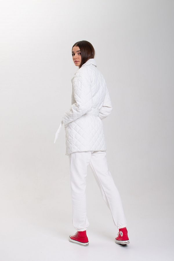 Куртка стьобана на кнопці з поясом біла МБКТ001/5 #RU# Куртка стеганая на кнопке с поясом белая МБКТ001/5 № 3