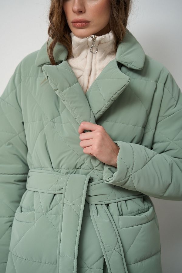 Куртка стьобана довга з поясом візерунок трикутник м'ятна МБПЩ001/8 #RU# Куртка стеганная длинная с поясом узор треугольник мятный МБПЩ001/8 № 5