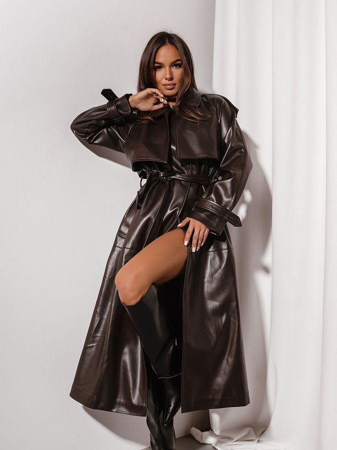 Тренч з екошкіри на замші темно-коричневий С0321/22 #RU# Тренч из экокожи на замше темно-коричневый С0321/22 № 2