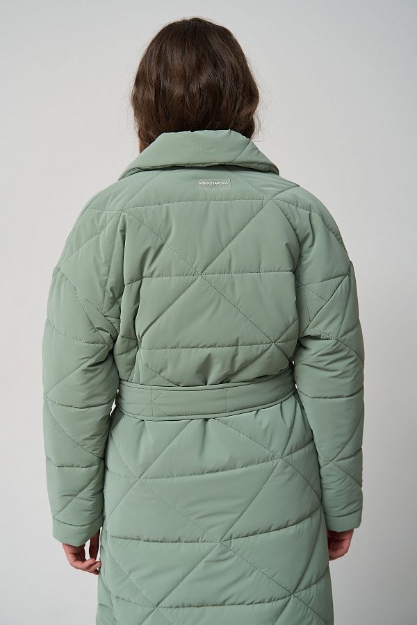 Куртка стьобана довга з поясом візерунок трикутник м'ятна МБПЩ001/8 #RU# Куртка стеганная длинная с поясом узор треугольник мятный МБПЩ001/8 № 4