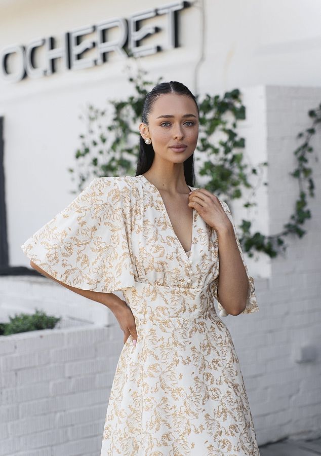 Сукня міді з трьома гудзиками молочна в жовті квіти ЧТ10/3 № 1