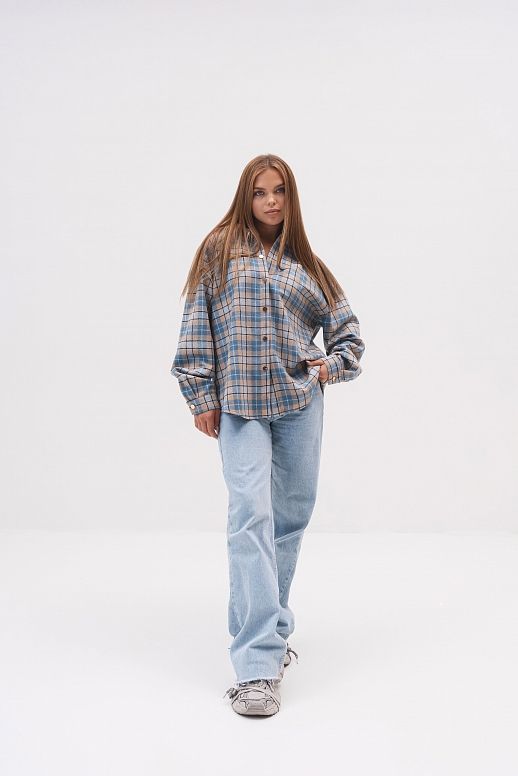 Сорочка в клітинку утеплена блакитно-бежева - №2