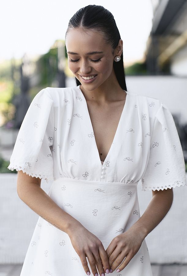 Сукня міні з гудзиками та мереживом молочна в бантики DRKOR/08 № 2