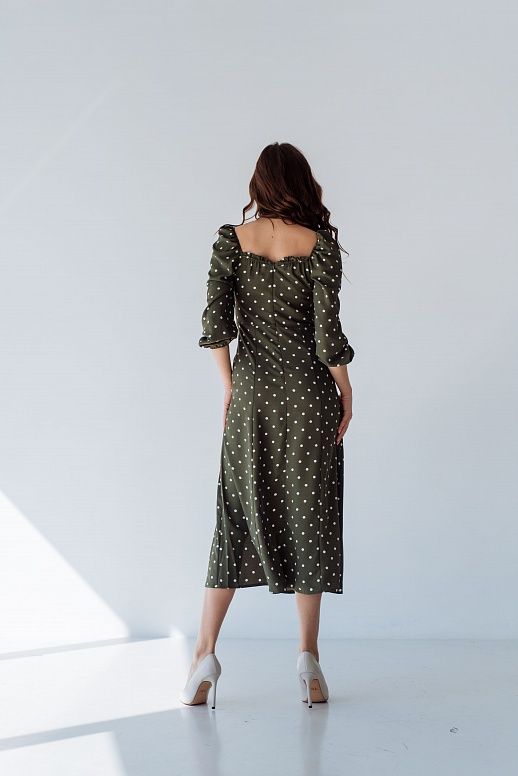 Сукня міді з роспіркою довгий рукав хакі в горох - №2
