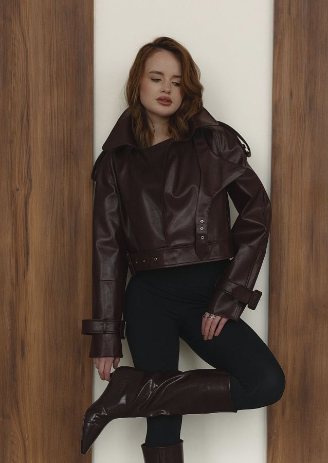 Тренч вкорочений з екошкіри бордовий KTRP/04 № 1