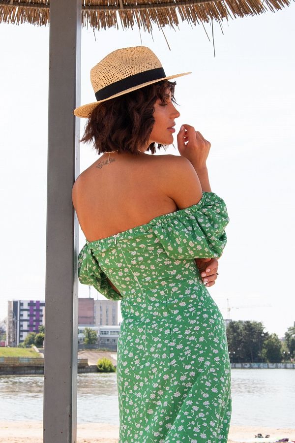 Сукня міді з двома роспірками зелена в білу квітку ПЛ0031/1 № 2