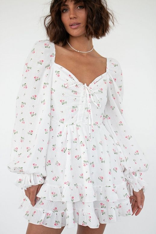 Сукня міні муслінова з рюшами молочна в великі гілочки  - №2