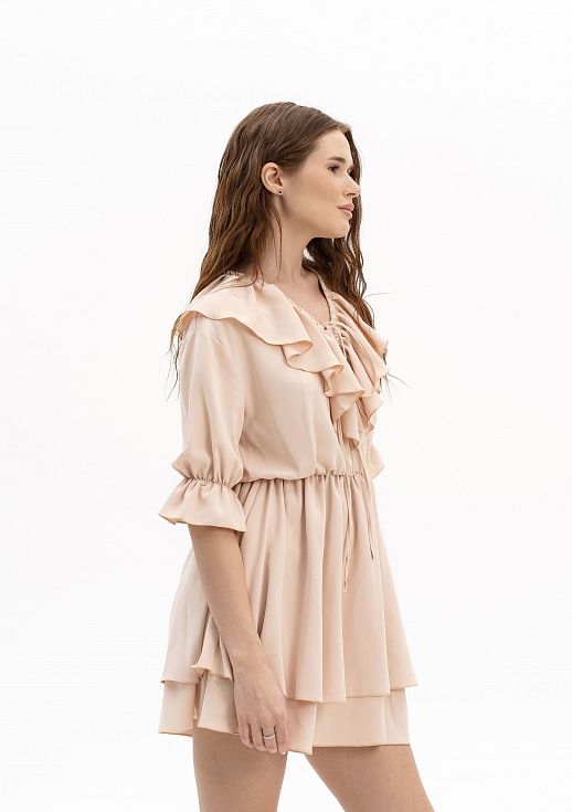 Сукня міні з воланами короткий рукав бежева - №2
