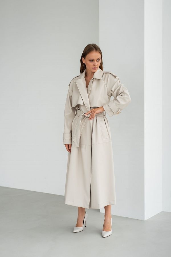Тренч з екошкіри на замші сіро-бежевий С0321/13 #RU# Тренч из экокожи на замше серо-бежевый С0321/13 № 1
