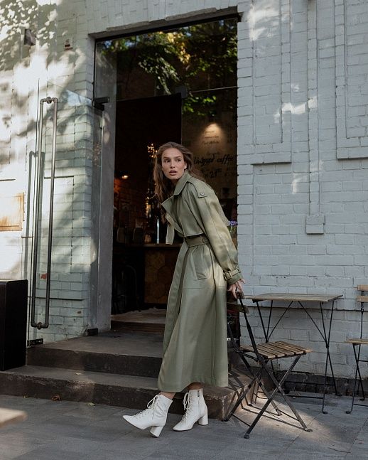 Тренч з екошкіри на замші оливковий - №2