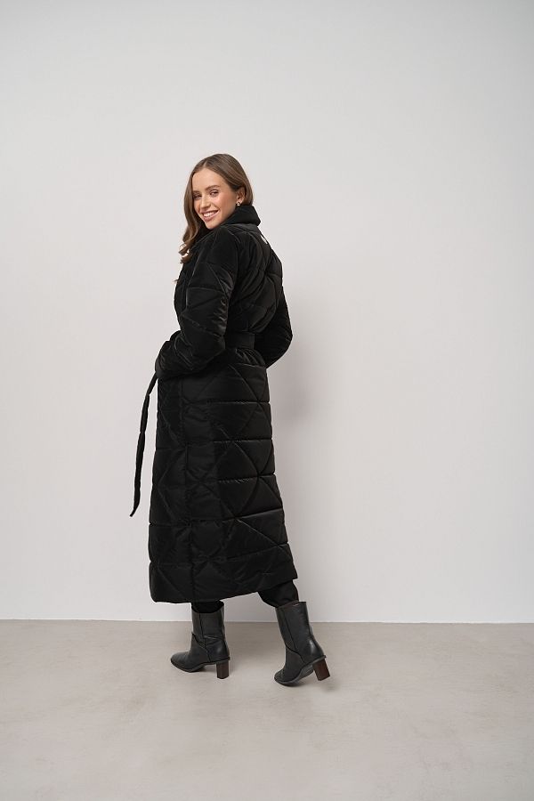 Куртка стьобана довга з поясом візерунок трикутник чорна МБПЩ001/5 #RU# Куртка стеганная длинная с поясом узор треугольник черный МБПЩ001/5 № 5