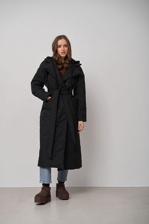 Куртка довга з поясом та знімним капюшоном чорна