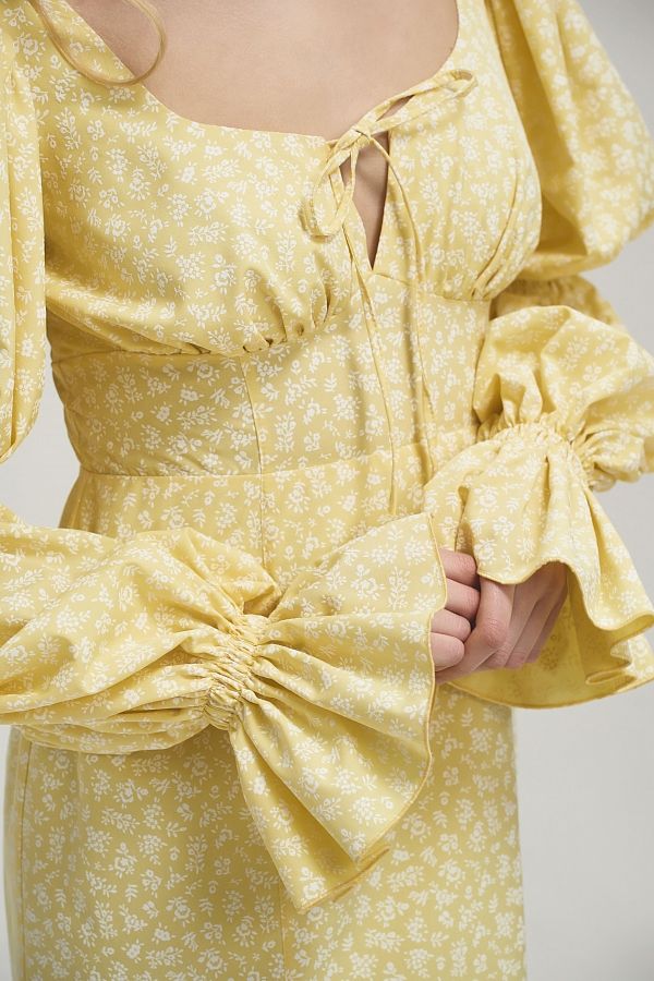 Сукня з пишними рукавами жовта в білі квіти Д0121/26 № 4
