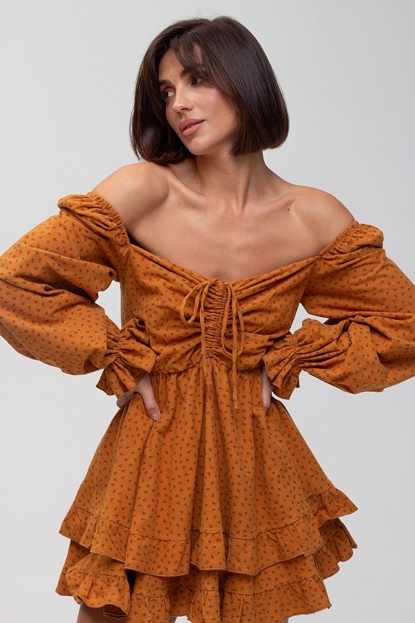 Сукня з подвійною спідницею гірчична  № 1