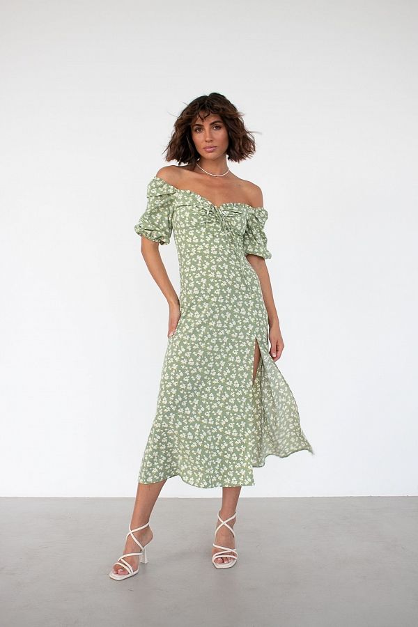 Сукня міді з роспіркою короткий рукав оливкова в жовті квіти D0521КР/1 № 1