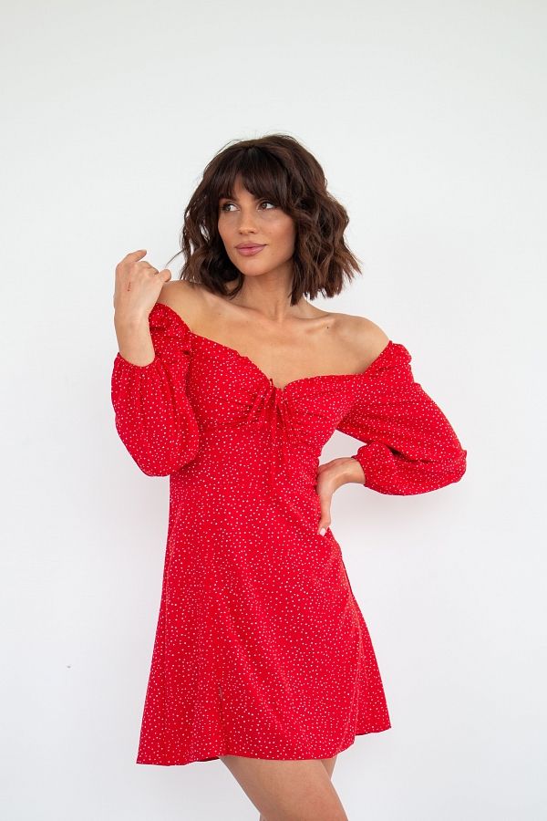 Сукня міні з роспіркою червона в білий горох D0321/21 № 3