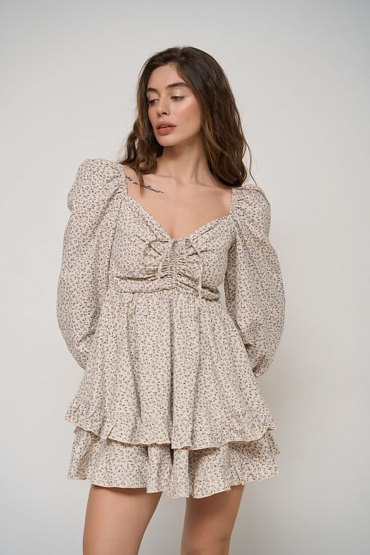 Сукня з подвійною спідницею бежева в блакитний візерунок