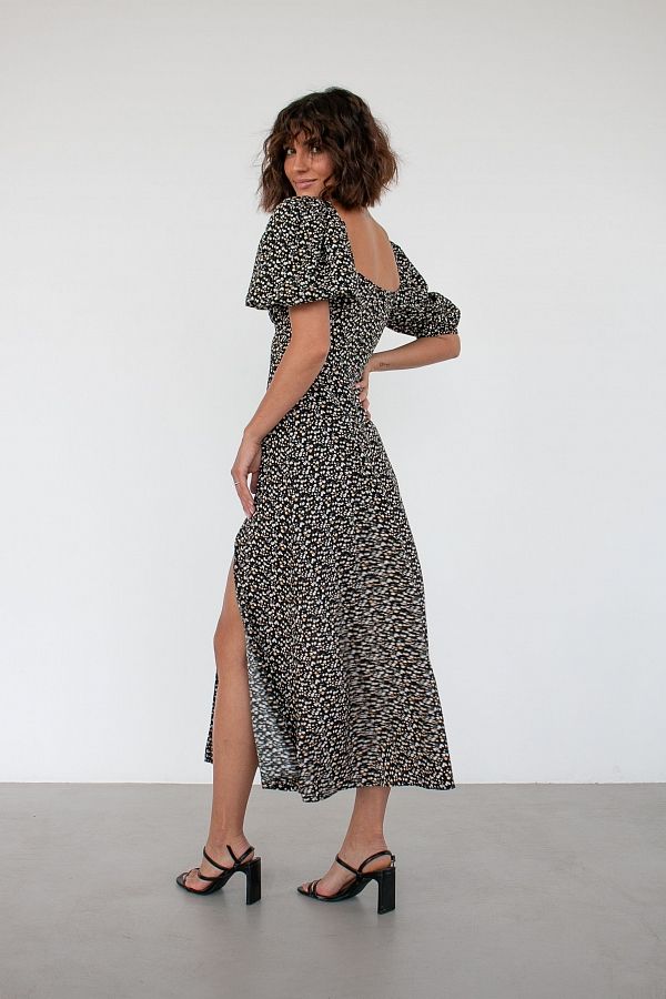 Сукня міді з двома роспірками чорний в біло-жовті квіти ПЛ0031/4 № 3