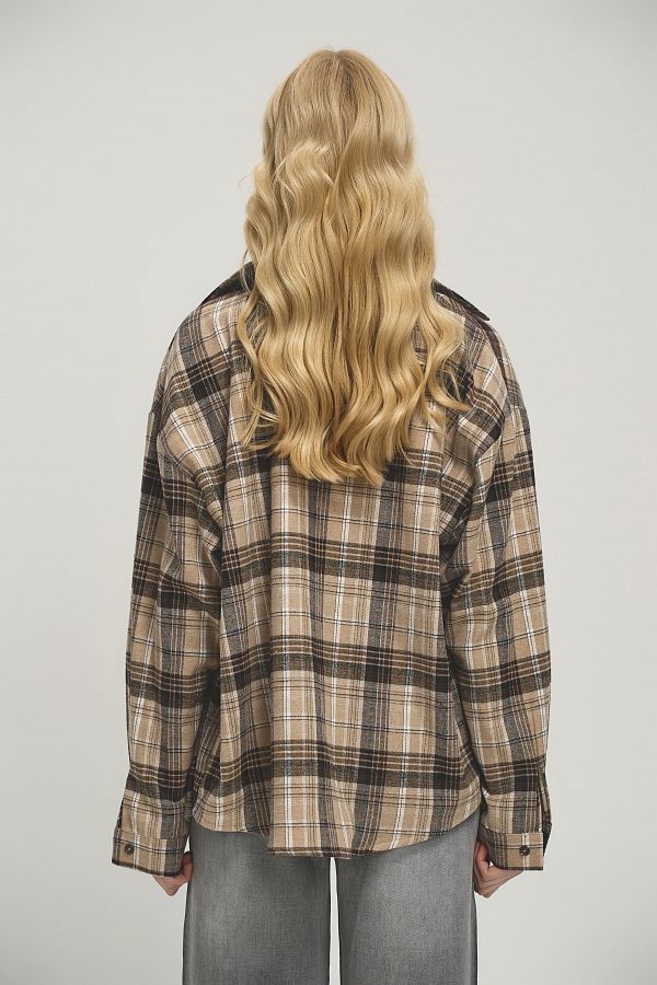 Сорочка oversize в клітинку коричнево-бежево-чорна P1409/5 #RU# Рубашка oversize в клетку темно-коричневая P1409/5 № 6